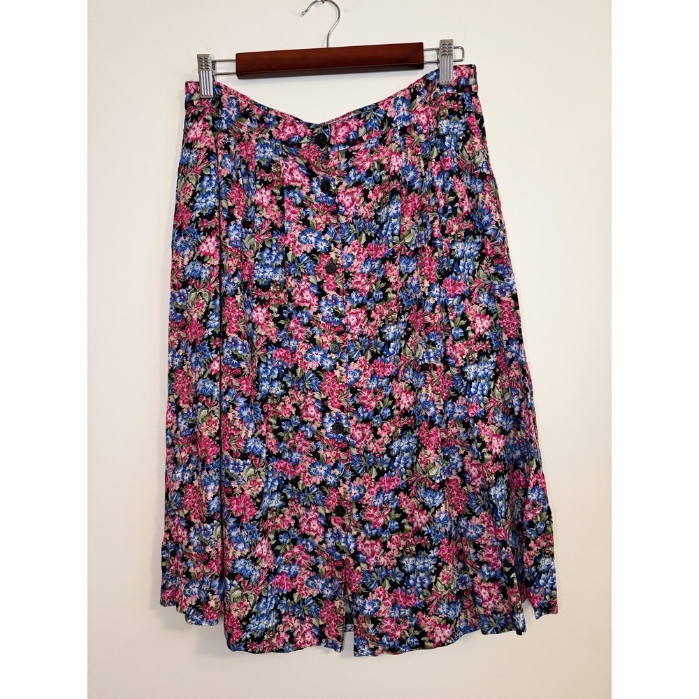 Vtg 90s Diversity Petite Floral Midi Skirt Pockets Button Front Made in USA 12